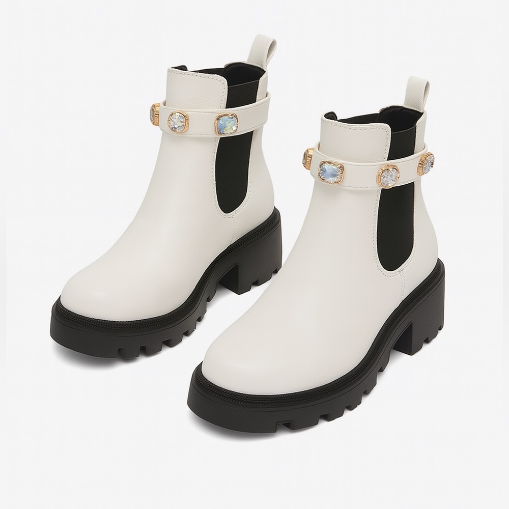 Sugar White and Black Ankle Boots with Buckle Accents